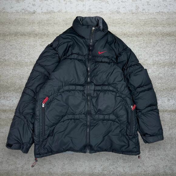 Vintage Nike Puffer Jacket Jet Black Polyester Red Swoosh Insulated Full Zip 90s - Picture 1 of 7